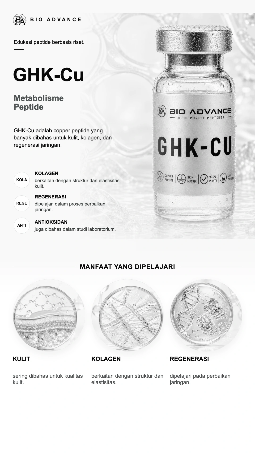 Poster edukasi GHK-Cu, ringkasan cara kerja dan konteks risetnya