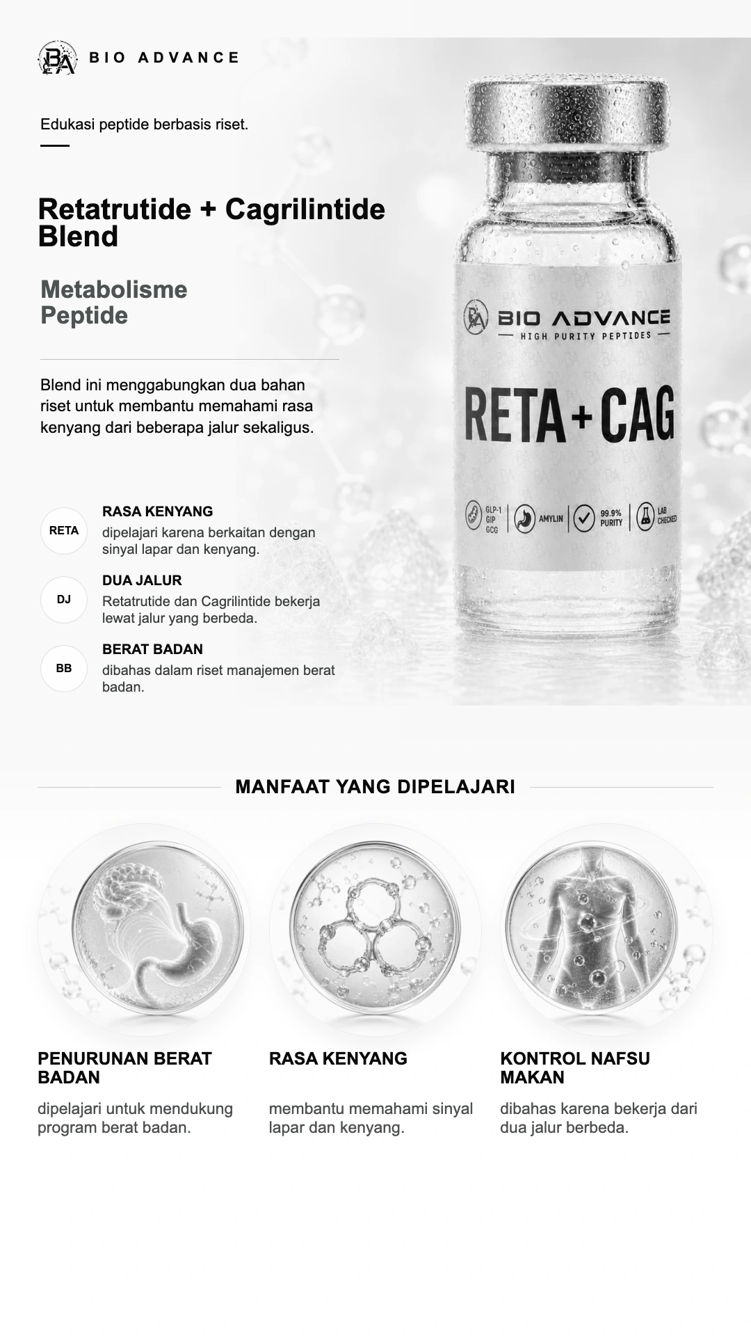 Poster edukasi Retatrutide + Cagrilintide Blend, ringkasan cara kerja dan konteks risetnya